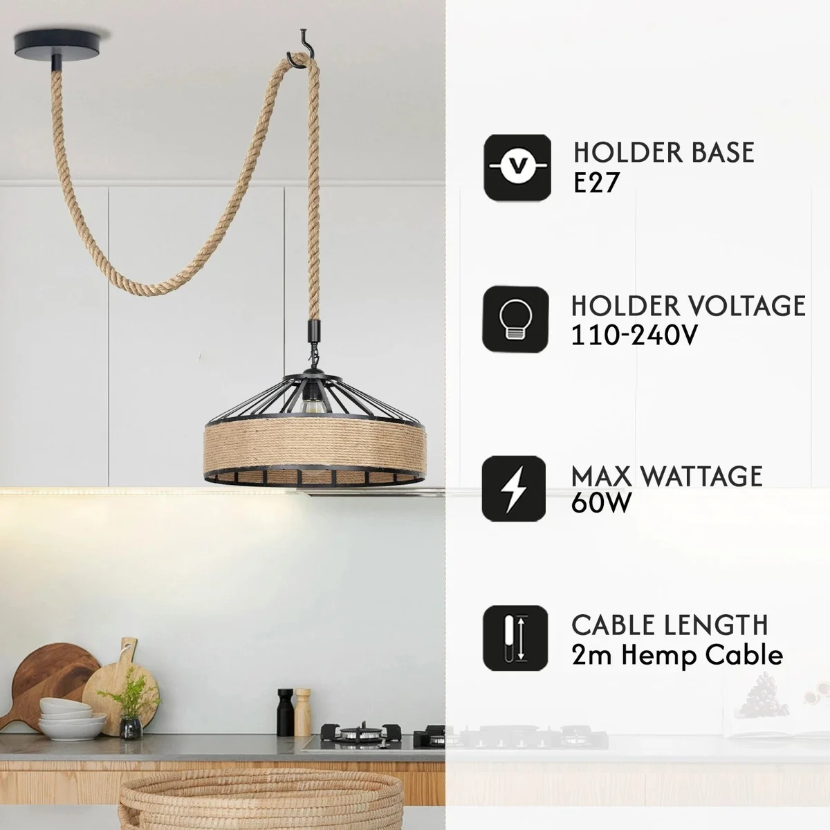 Black hemp rope lamp with metal shade hanging from ceiling, modern pendant light with E27 base and 2m hemp cord