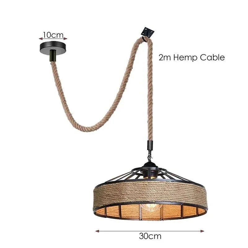 Modern pendant ceiling light with black metal shade and hemp rope cord, showcasing metal and hemp lighting design details