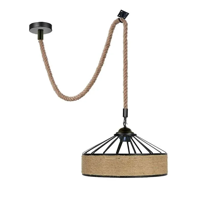 Black metal and hemp rope pendant light for bedroom with 2m cable and modern lampshade hanging from ceiling