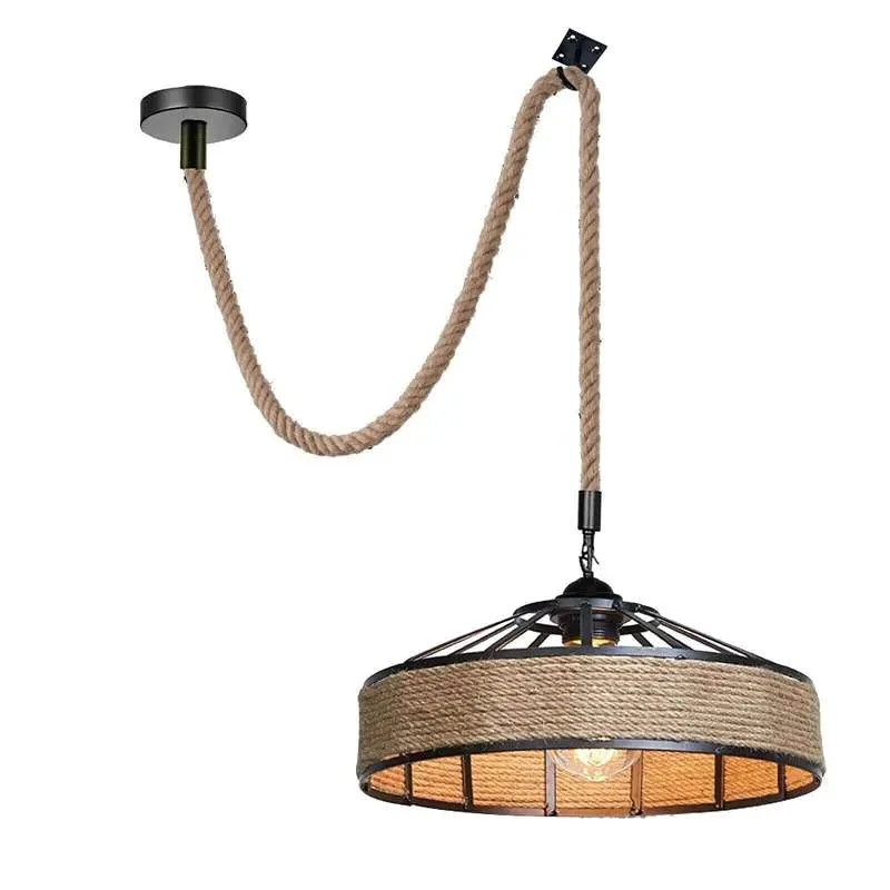 Modern black metal hemp rope pendant light with 2m hemp cable and round ceiling canopy against white background