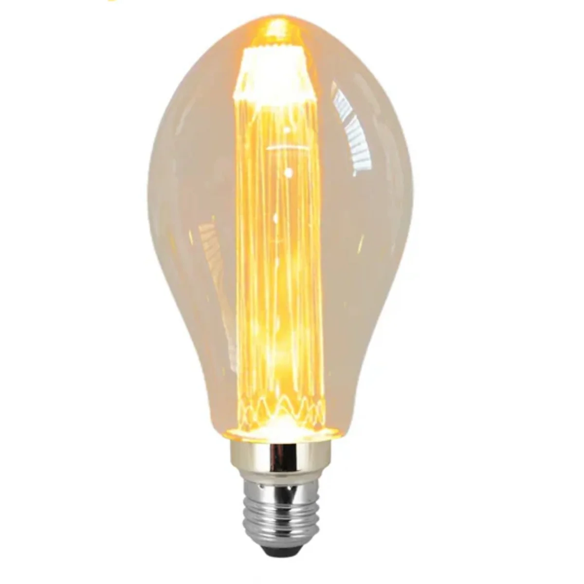 Vintage LED filament bulb with E27 base, 3W power, warm white light, and antique glass finish, ellipsoidal shape.