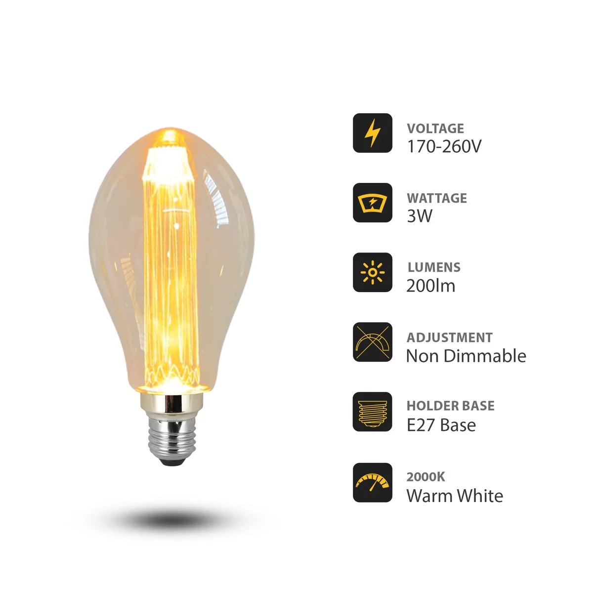 Vintage E27 warm white LED bulb with 3W power and antique glass finish, ideal for decorative indoor lighting