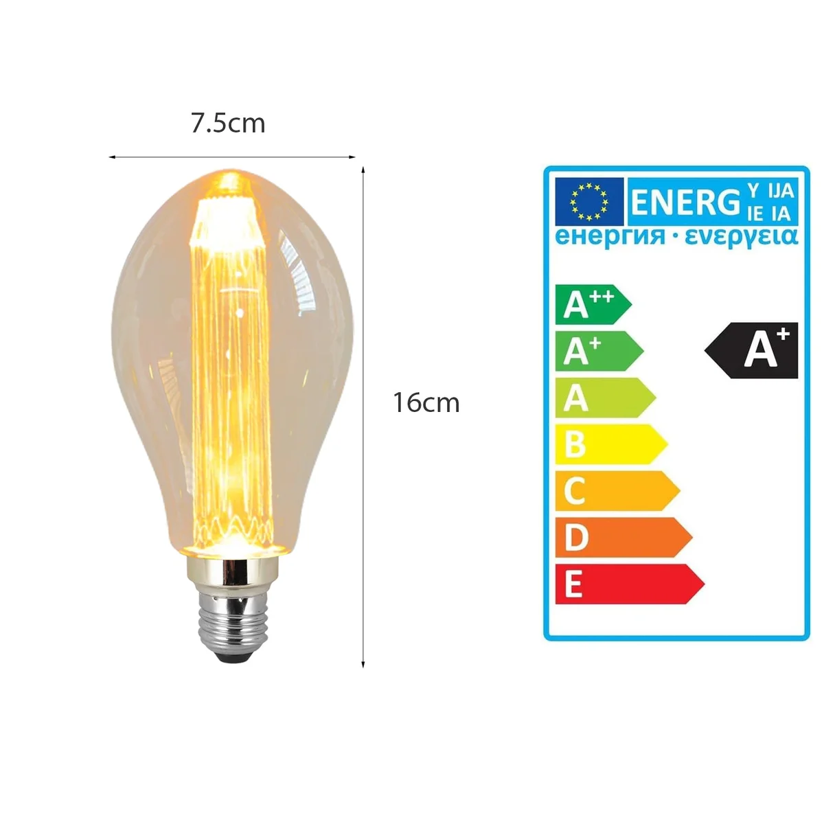 Retro vintage light bulb with E27 base, glowing warm white filament in antique ellipsoidal glass design, 3W non-dimmable bulb