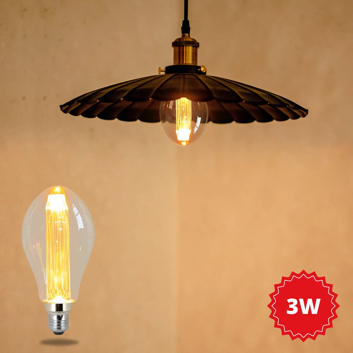 Vintage LED filament bulb with E27 base, 3W power, warm white glow, antique glass finish, ellipsoidal shape, 16cm tall