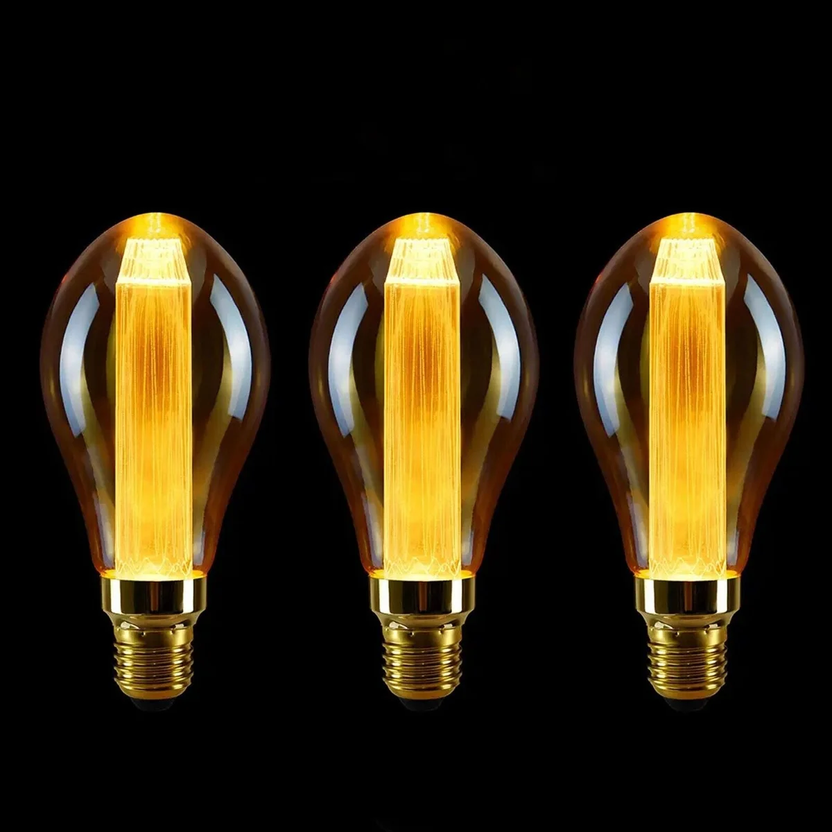Vintage LED filament bulb with E27 base, ellipsoidal shape, antique glass finish, glowing warm white light, 3W power.