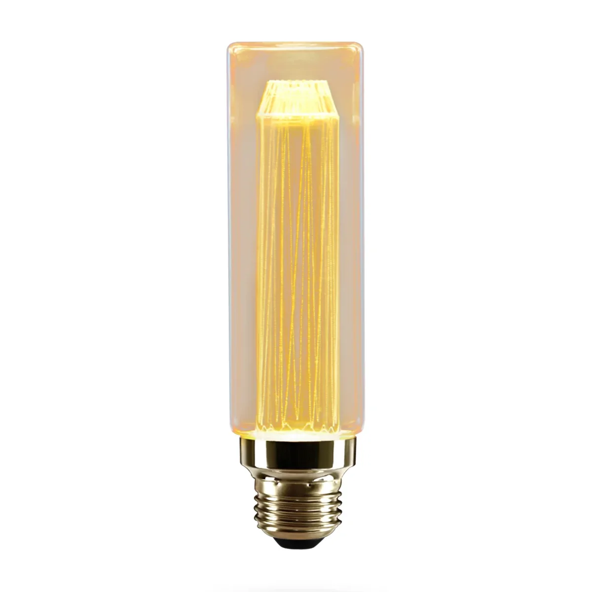 Vintage E27 bulb with amber glass and spiral LED filament, tubular shape, glowing warm 2000K light, 3W energy-efficient design