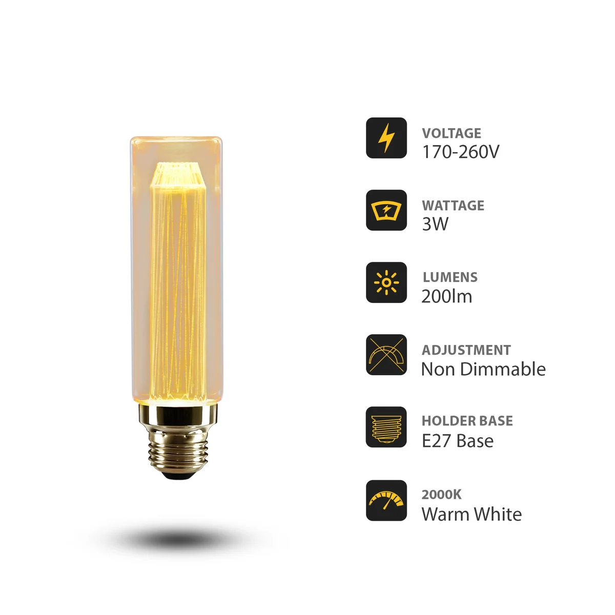 Vintage 3W Edison bulb with amber glass and spiral LED filament glowing warmly, tubular shape on white background