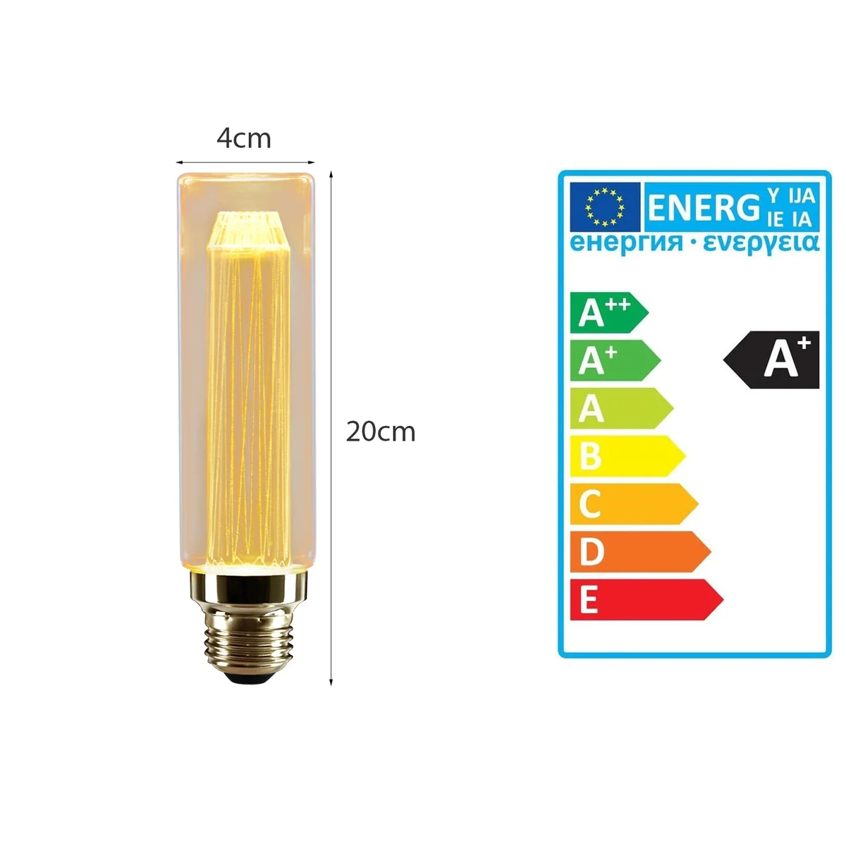 Vintage tubular amber glass bulb with spiral LED filaments glowing warm 2000K light on white background