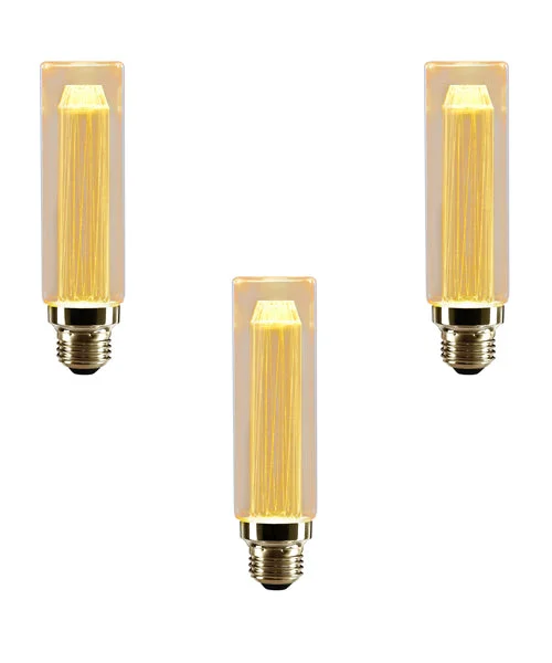 Retro LED light bulb with amber tubular glass and spiral filaments, designed for E27 sockets, vintage style lighting