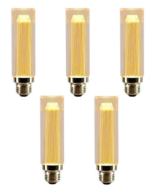 Vintage E27 bulb with amber glass and spiral LED filaments glowing warmly in a tubular shape against a dark background