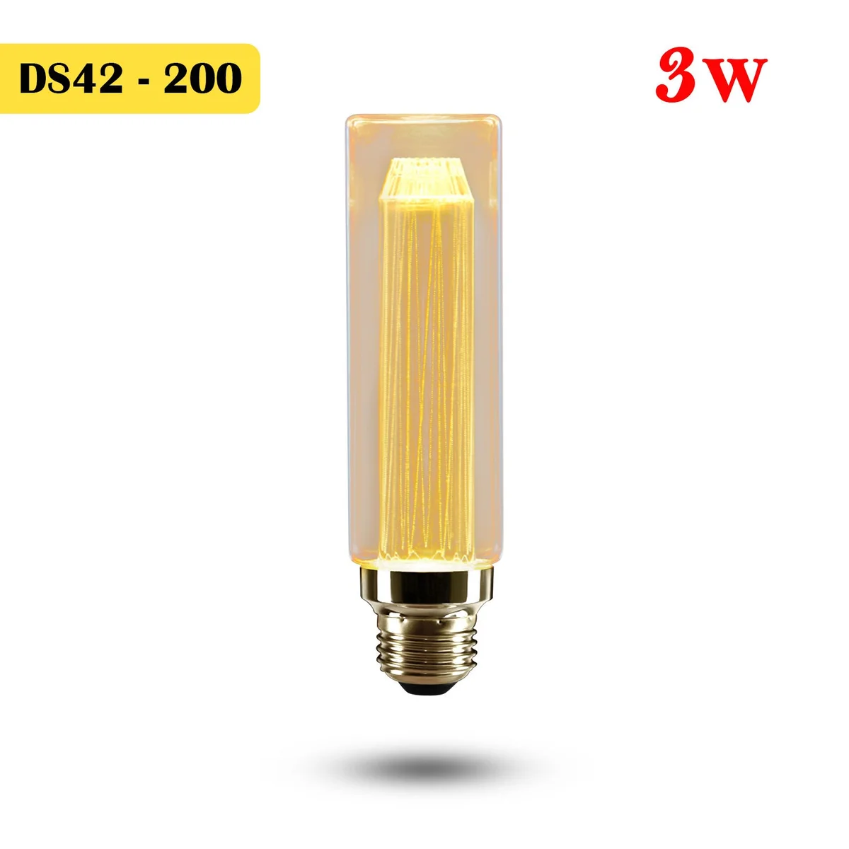 Vintage E27 bulb with amber tubular glass and visible spiral LED filaments, glowing warmly in a dark setting