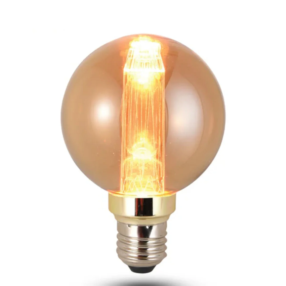Vintage globe bulb with quad-loop filament, antique amber glass, E27 base, emitting warm 2000K golden glow light