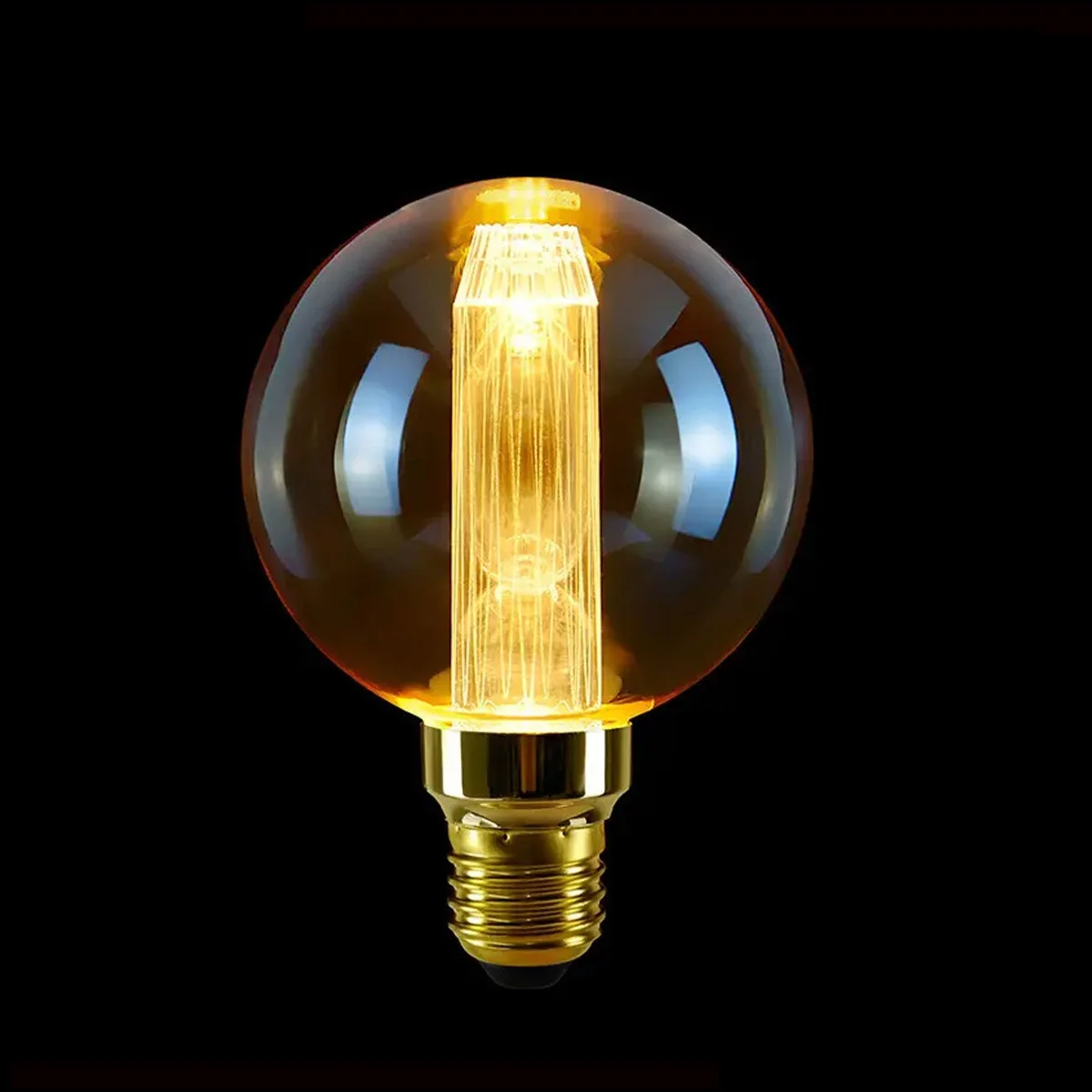 Vintage G80 LED bulb with quad-loop filament inside amber glass, glowing warm golden light, E27 screw base