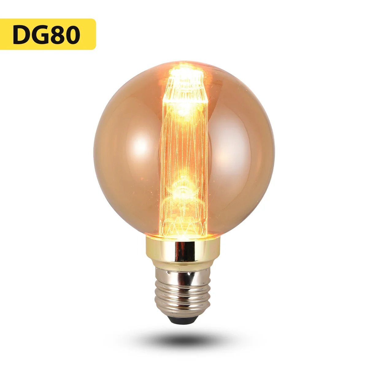 Vintage G80 globe bulb with quad-loop filament in amber glass glowing softly as a 2000K warm bulb on E27 base