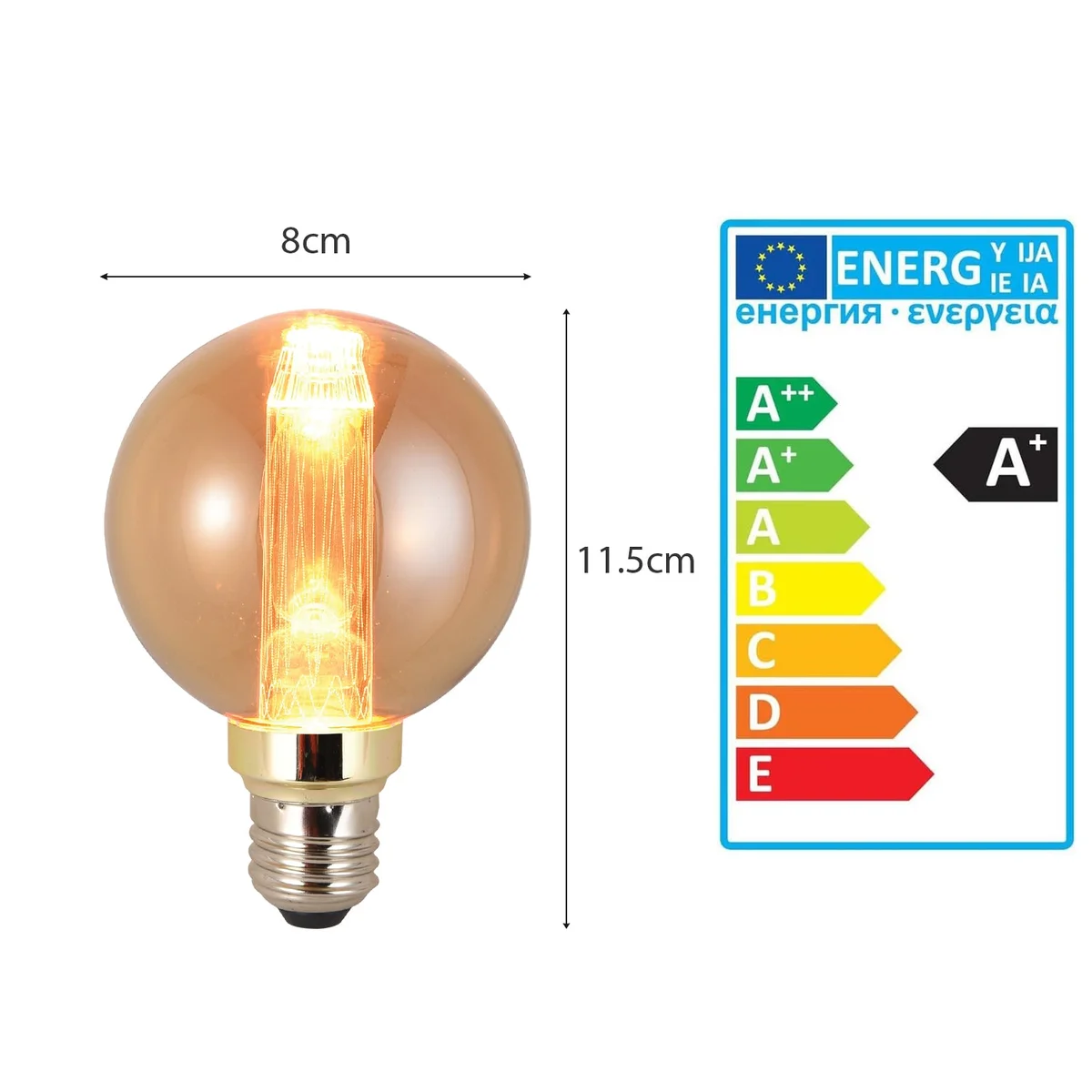 Vintage globe bulb with quad-loop filament in amber glass glowing warmly on an E27 screw base against dark background
