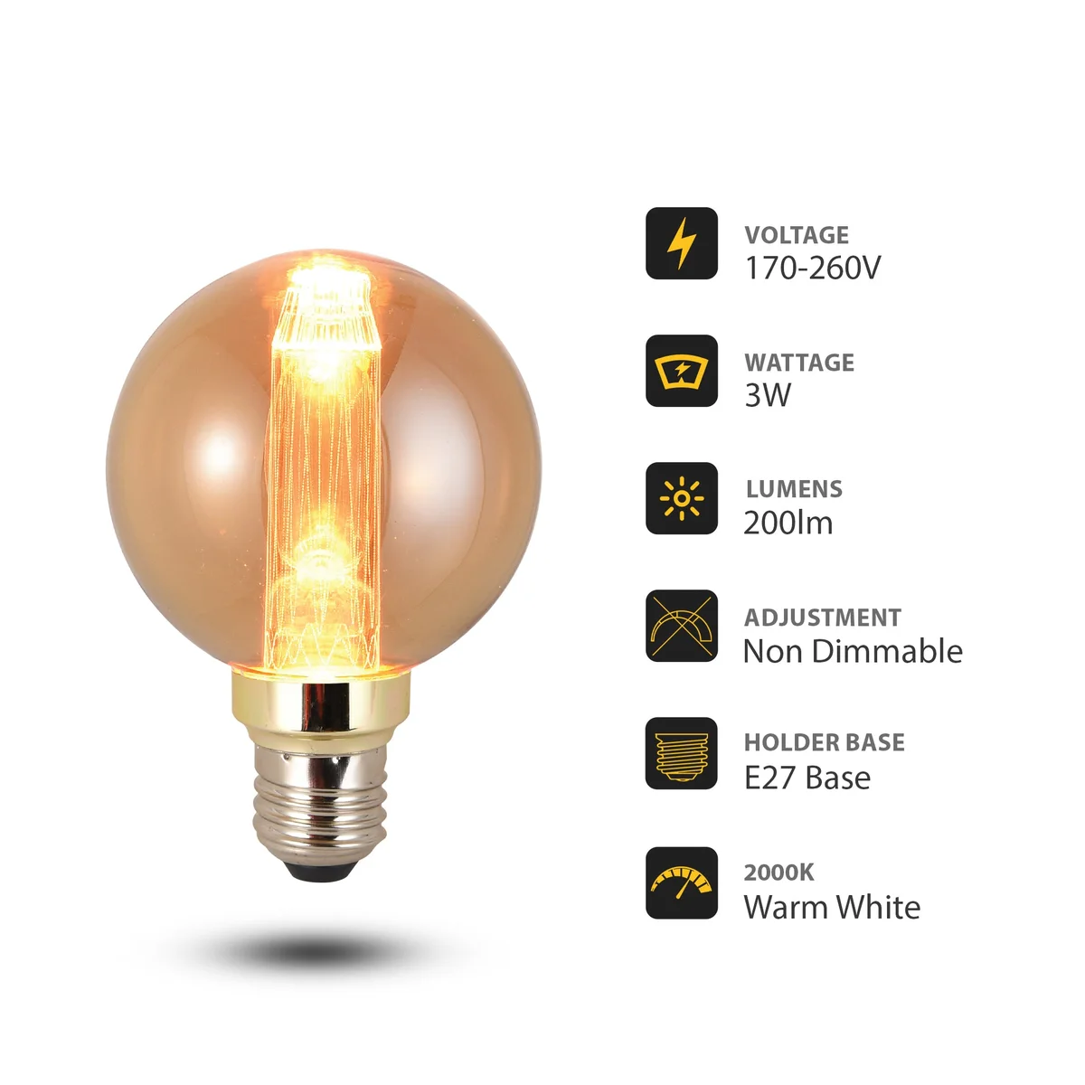 Vintage globe bulb with quad-loop filament, amber glass, glowing warm golden light, E27 screw base, 3W dimmable LED