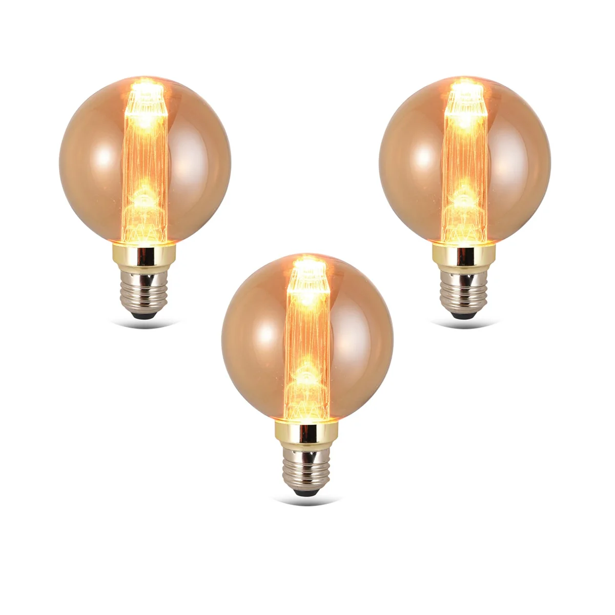 Vintage globe bulb with quad-loop filament inside amber glass, glowing warmly on an E27 screw base against dark background