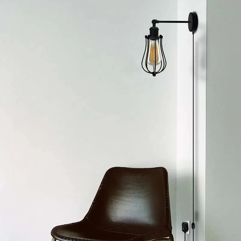 Black vintage industrial wall light with metal wire cage, E27 socket, and 4m plug-in cable with inline switch