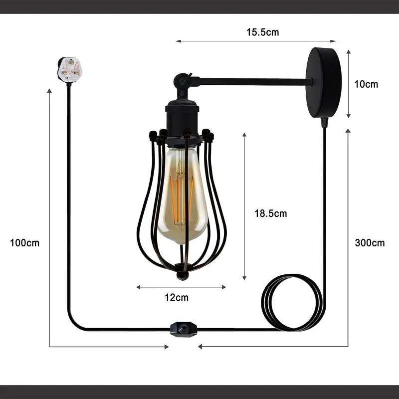 Black wire cage lamp with vintage industrial design, E27 socket, plug-in cable, and inline on/off switch on white background