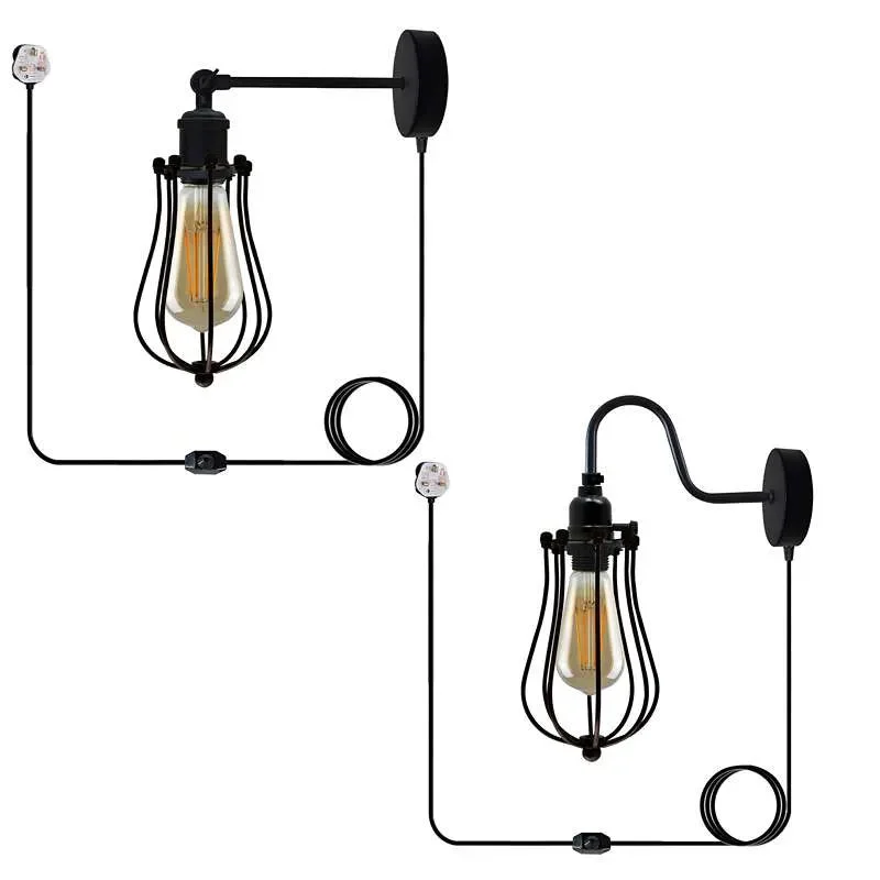 Black vintage industrial E27 socket wall light with metal wire cage and 4m plug-in cable on white background