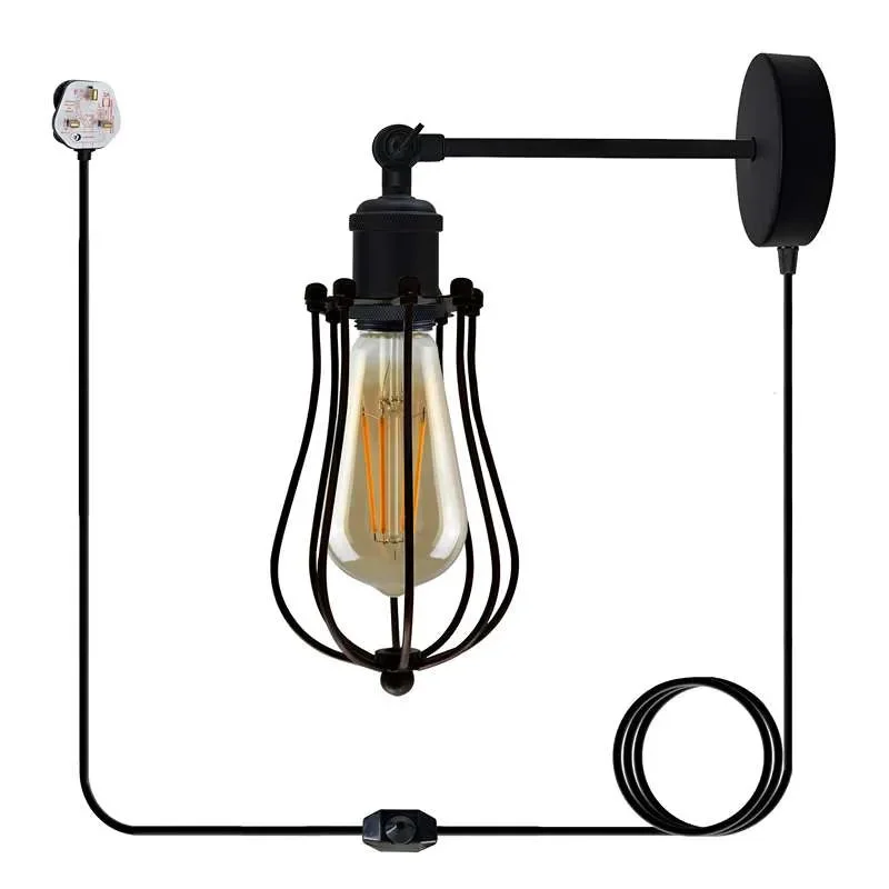 Black vintage adjustable industrial lamp with metal wire cage, E27 socket, and 4m plug-in cable on white background