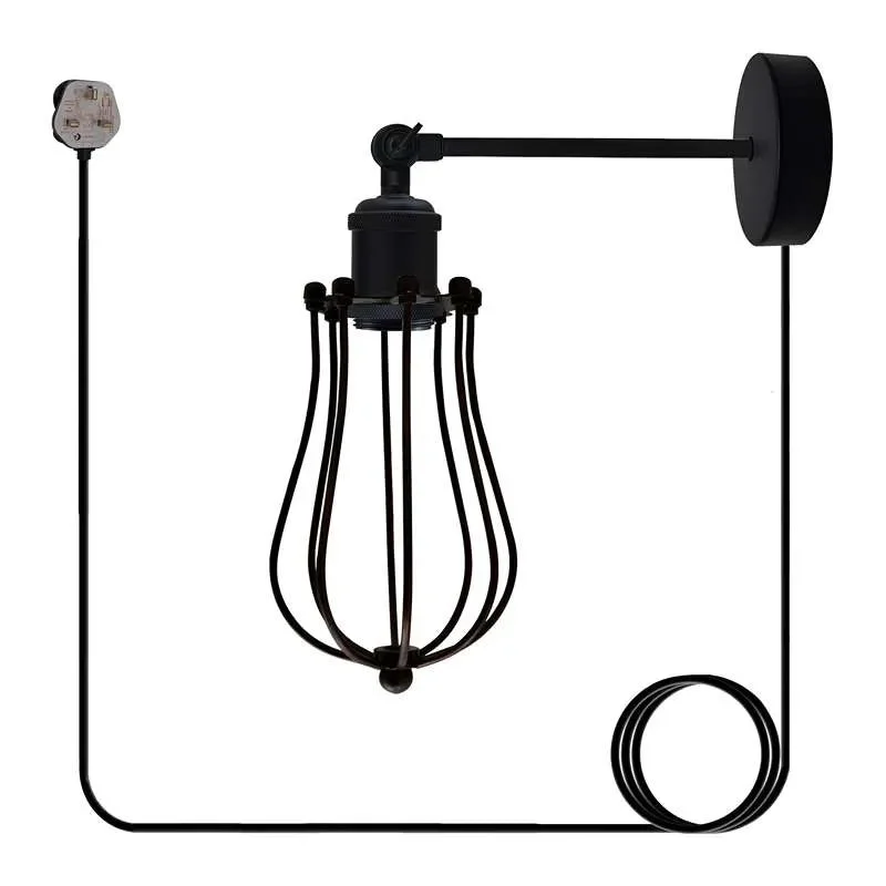 Black indoor vintage wall light with metal wire cage, E27 socket, and 4m plug-in cable with inline switch