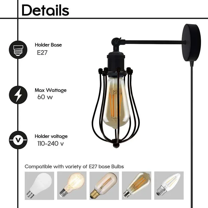 Black vintage industrial wall light with metal wire cage, E27 socket, and 4m plug-in cable on white background