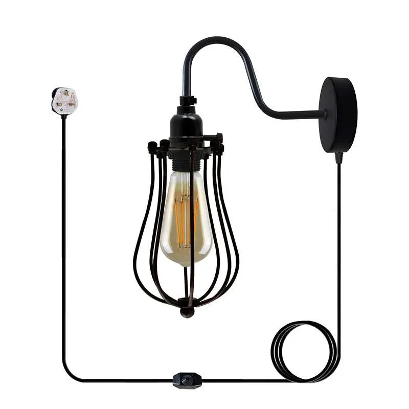 Black vintage industrial wall light with metal wire cage, E27 socket, and 4m plug-in cable on white background