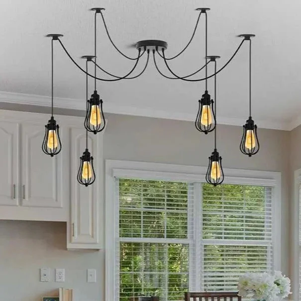 Black six-head cage industrial ceiling pendant light with adjustable cables and dimmer switch hanging from ceiling