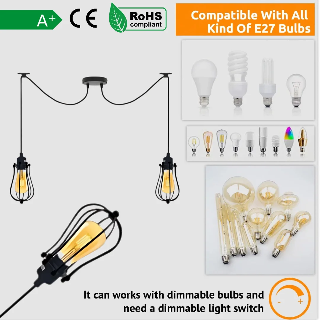 Six-head black metal cage ceiling pendant lamp with adjustable cables and dimmer switch, E27 bulb pendant lamp design