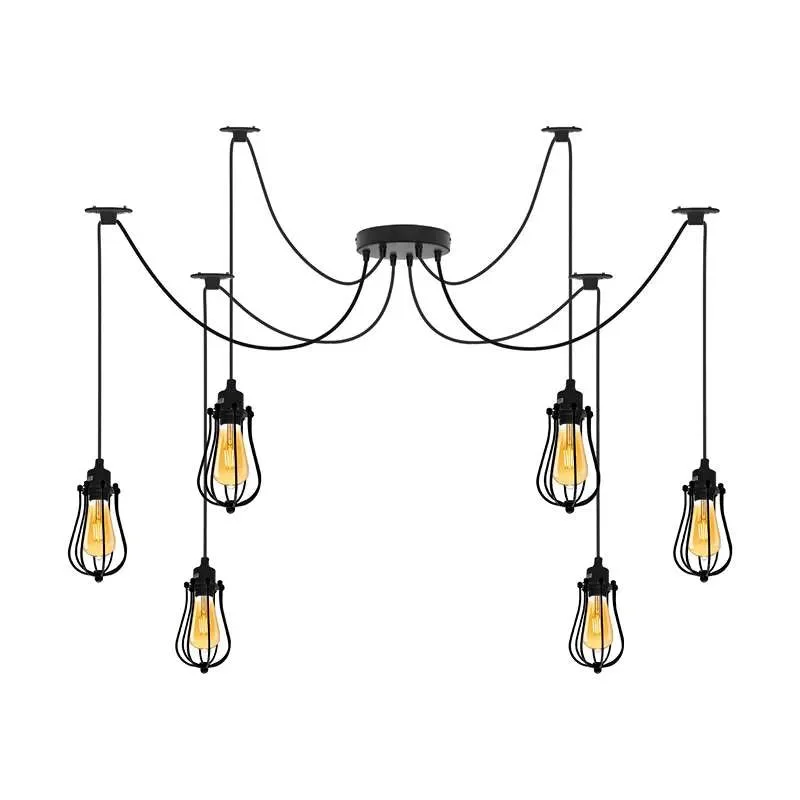 Black industrial spider shape ceiling light with six cage heads and adjustable 2M cables hanging from ceiling rose