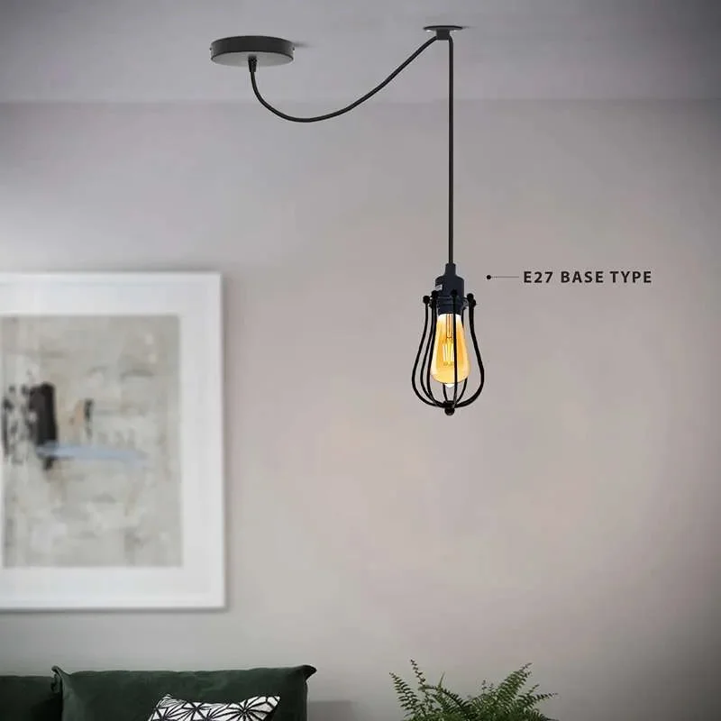 Six-head black metal cage industrial ceiling pendant light with adjustable cables and dimmer switch hanging indoors