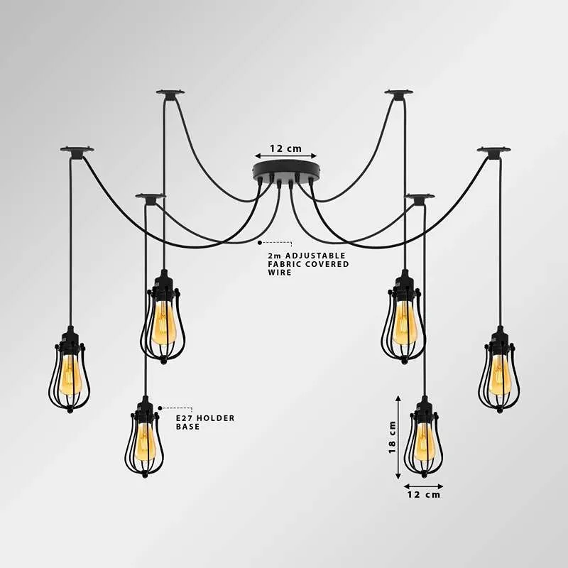 Six-head black metal cage industrial ceiling pendant light with adjustable cables and dimmer switch hanging in room