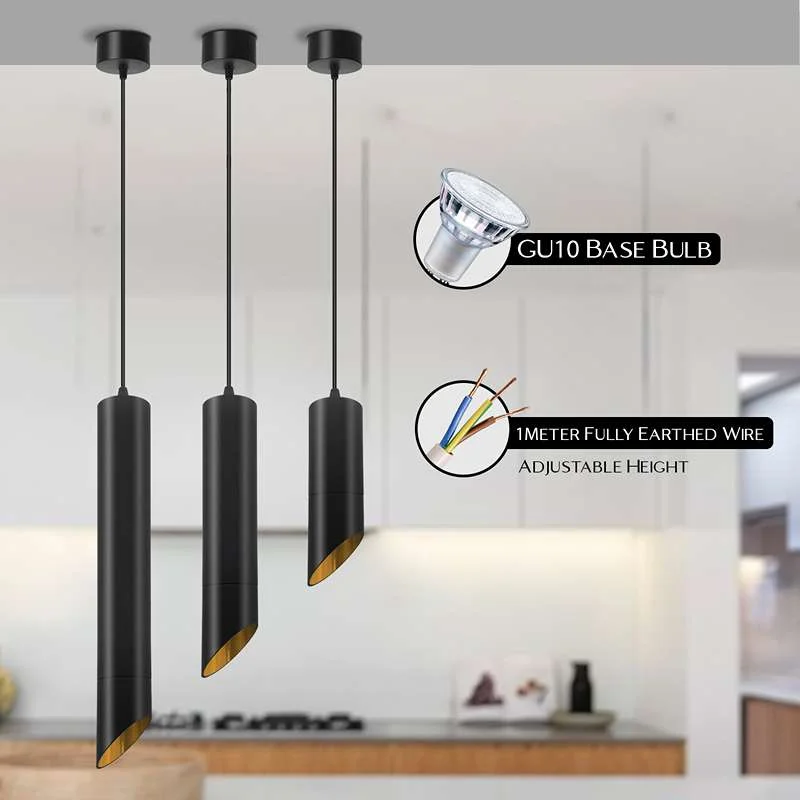 Black GU10 pendant light with gold inner tube shade, adjustable cable, modern minimalist design, 20cm/30cm/40cm height options