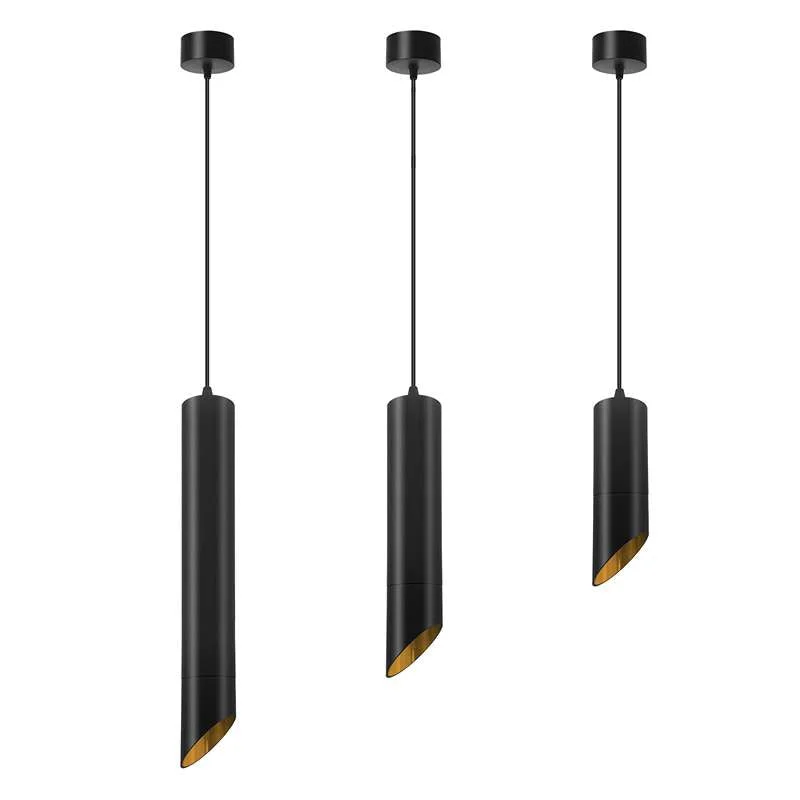 Black and gold modern tube pendant light with cylindrical aluminium shade, adjustable hanging height, GU10 bulb included
