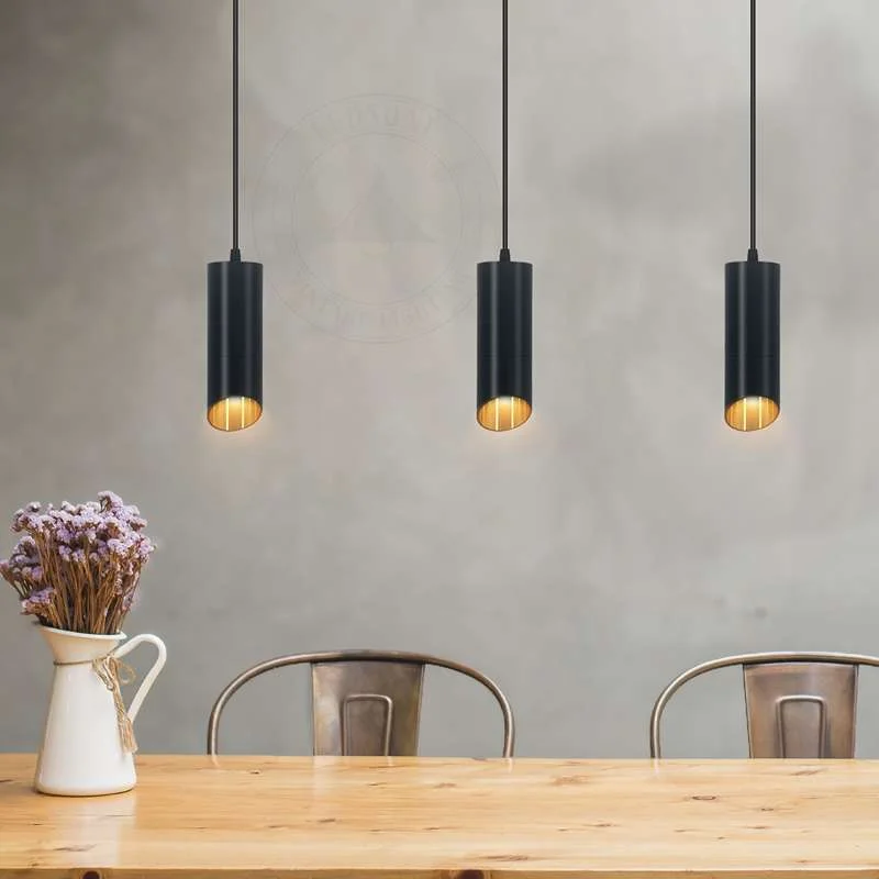 Black and gold cylindrical adjustable hanging light with GU10 bulb, shown in 40cm length, modern minimalist style