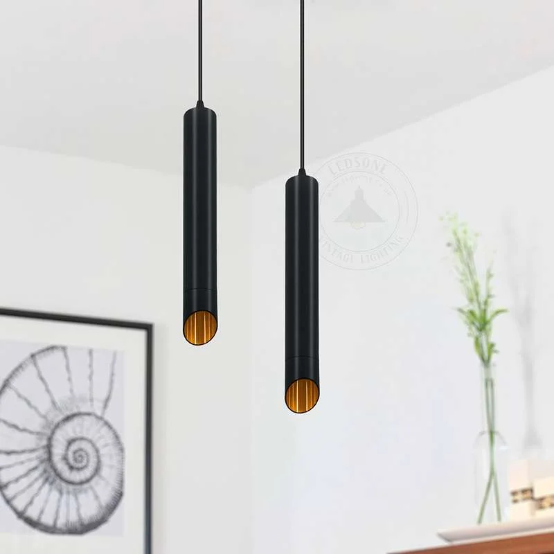 Black and gold Nordic style pendant light with cylindrical tube shade, adjustable cable, and GU10 bulb included