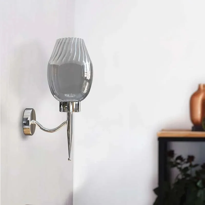 Modern smoky glass wall light with chrome plated base, cylindrical shade, suitable for indoor use and dimmable bulbs