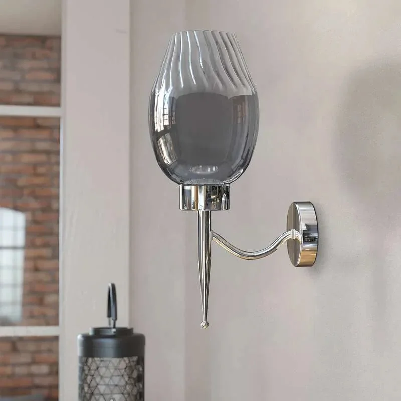 Modern dimmable wall light with smoky glass shade and chrome-plated base, ideal for indoor use in living spaces