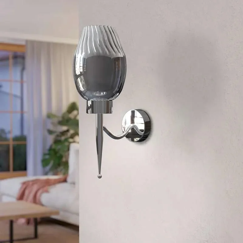 Modern smoky glass E27 bulb wall lamp with chrome plated base, ideal for indoor living spaces and dimmable lighting