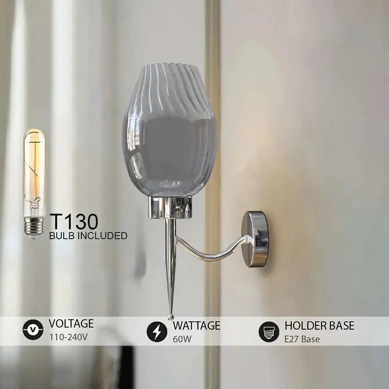 Modern smoky glass wall light fixture with chrome plated base, dimmable, ideal for indoor living spaces