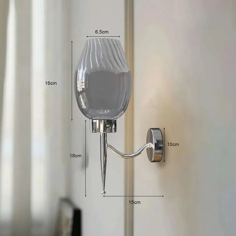Modern smoky glass wall light fixture with chrome plated base, dimmable, suitable for indoor use, 16cm height