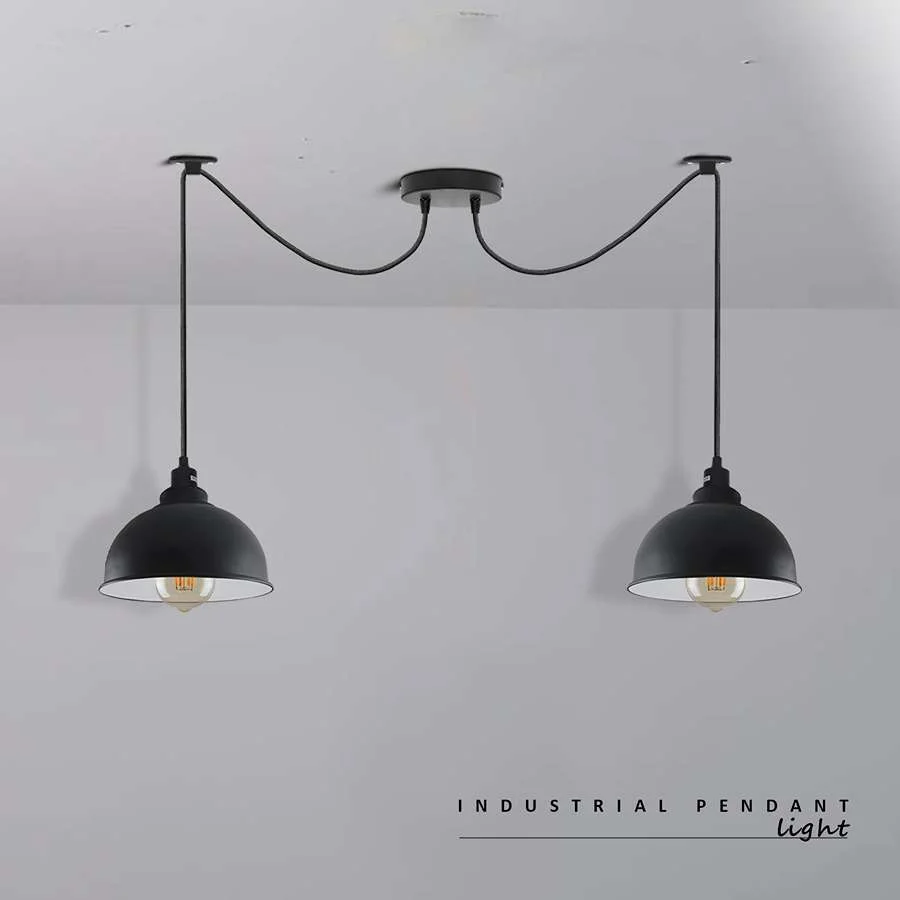 Black industrial style 2 head pendant ceiling light with adjustable cables and spider-shaped metal shades hanging from ceiling rose