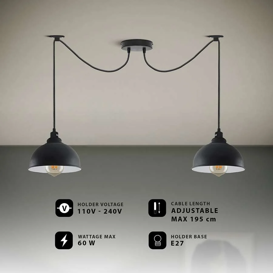 Black industrial pendant light with two adjustable shades and metal spider-shaped frame hanging from ceiling