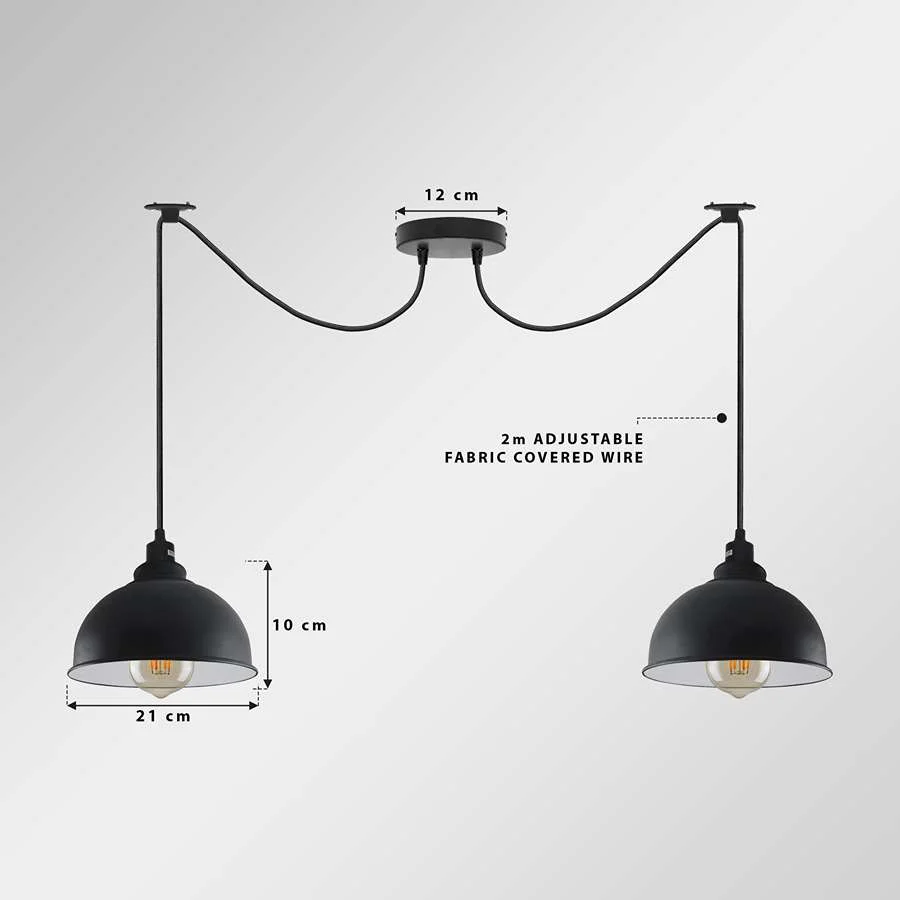 Two-head black industrial dimmable ceiling light with adjustable 2M cables and metal shades hanging from ceiling rose