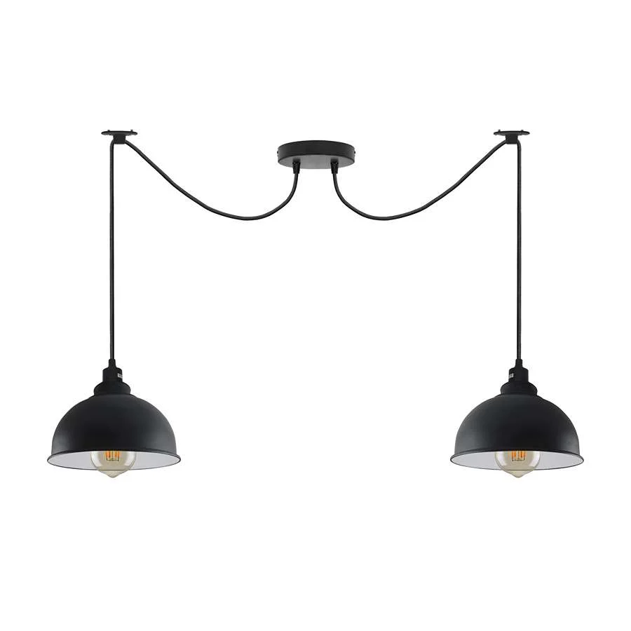 Black industrial 2-head pendant ceiling light with adjustable cables and E27 bulb ceiling light holders hanging from ceiling