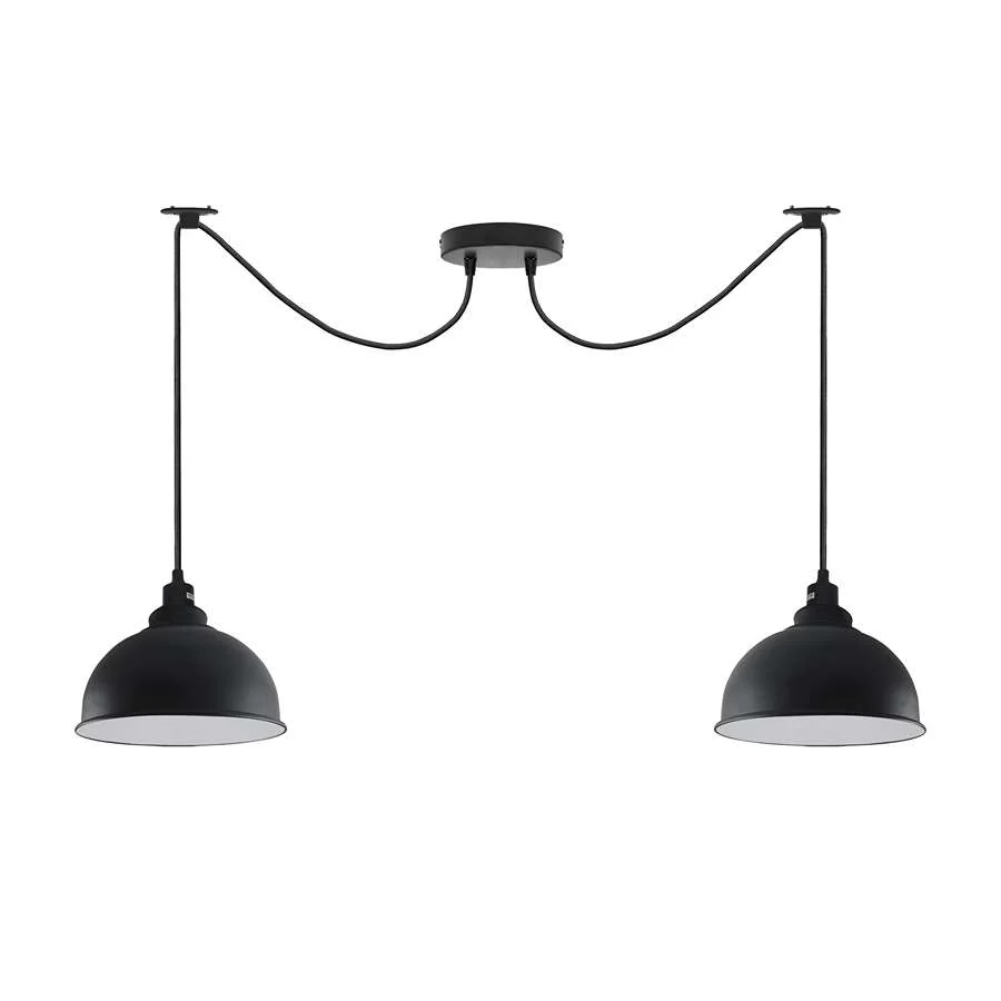 Black industrial style 2 head pendant ceiling light with adjustable cables and dimmer switch hanging from ceiling