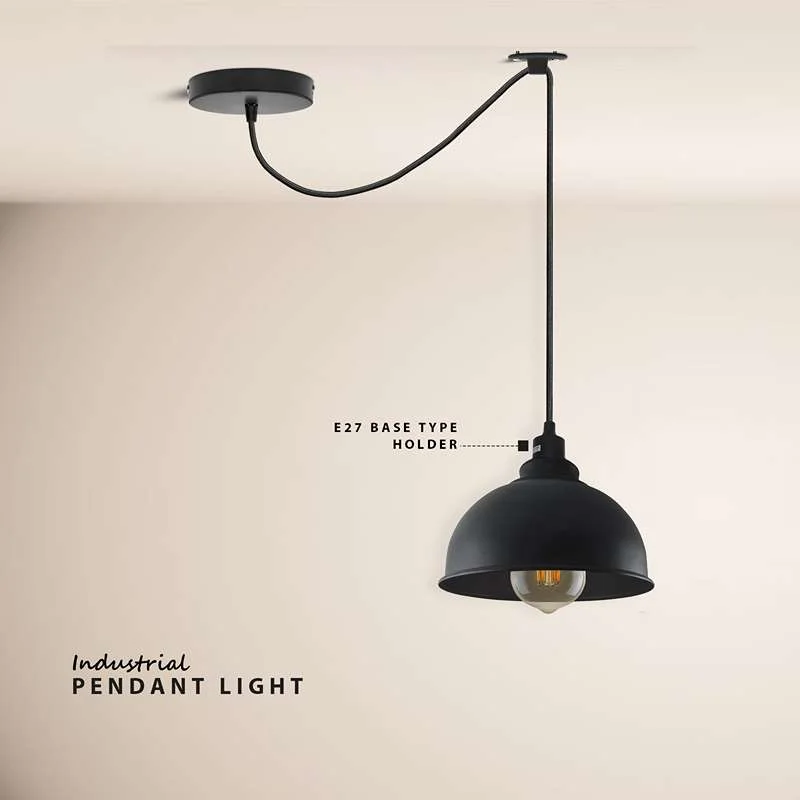 Modern black pendant light with adjustable 2m hanging cable and industrial metal shade, suitable for dimmable bulbs