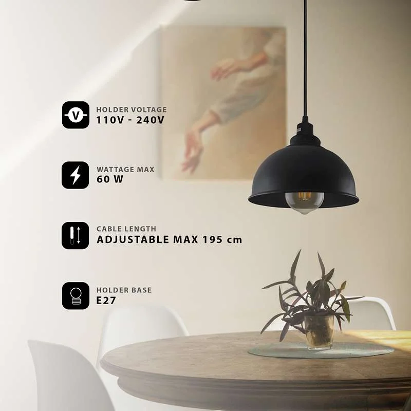 Modern black industrial adjustable hanging lamp with metal shade and 2m adjustable cable for ceiling mounting