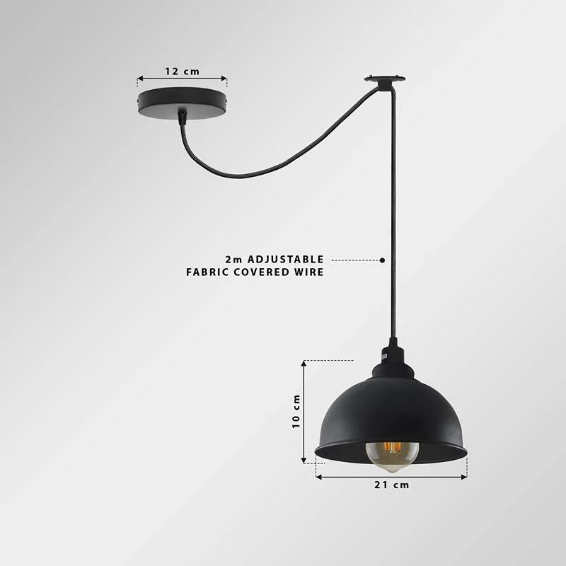 Modern black industrial pendant light with adjustable 2m hanging cable and metal one-head shade, dimmable design